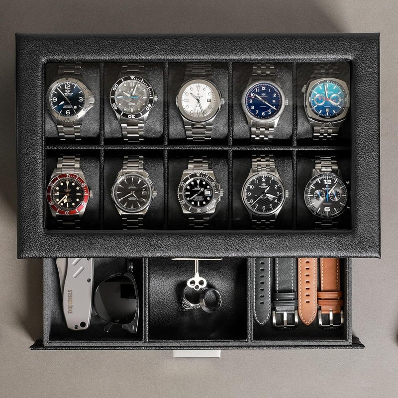 ROTHWELL 10-Slot Watch Box in Leather with Valet Drawer, Luxury Watch Case Display Organizer with Ultra Soft Microsuede Liner, Jewelry and Sunglass Holder With Large Glass top (Black/Grey) - Image 4